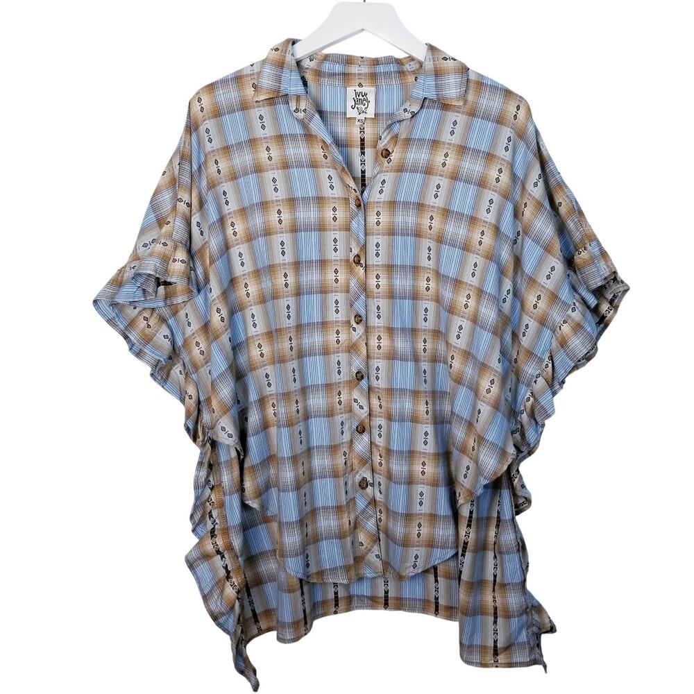 IVY JANE Ruffle Sleeve Oversize Plaid Hi Low Shirt Blue Tan XS